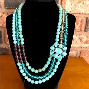 Vintage triple strand aqua & brown beaded necklace with natural stone detail